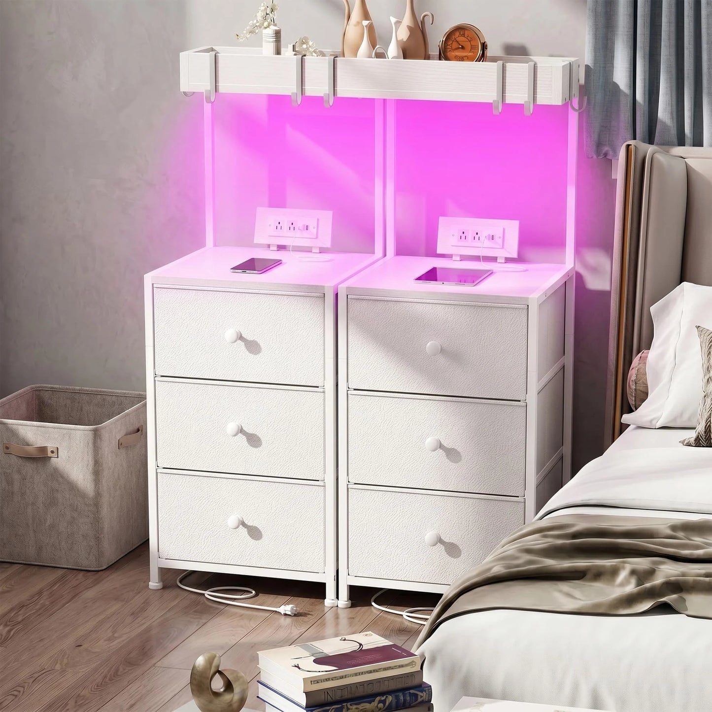 EnHomee 2 Pack Nightstands, LED RGB Bedside Table with Charging Station, 3 Fabric Drawers Side Table with Shelf & Hooks for Bedroom Entryway Closet