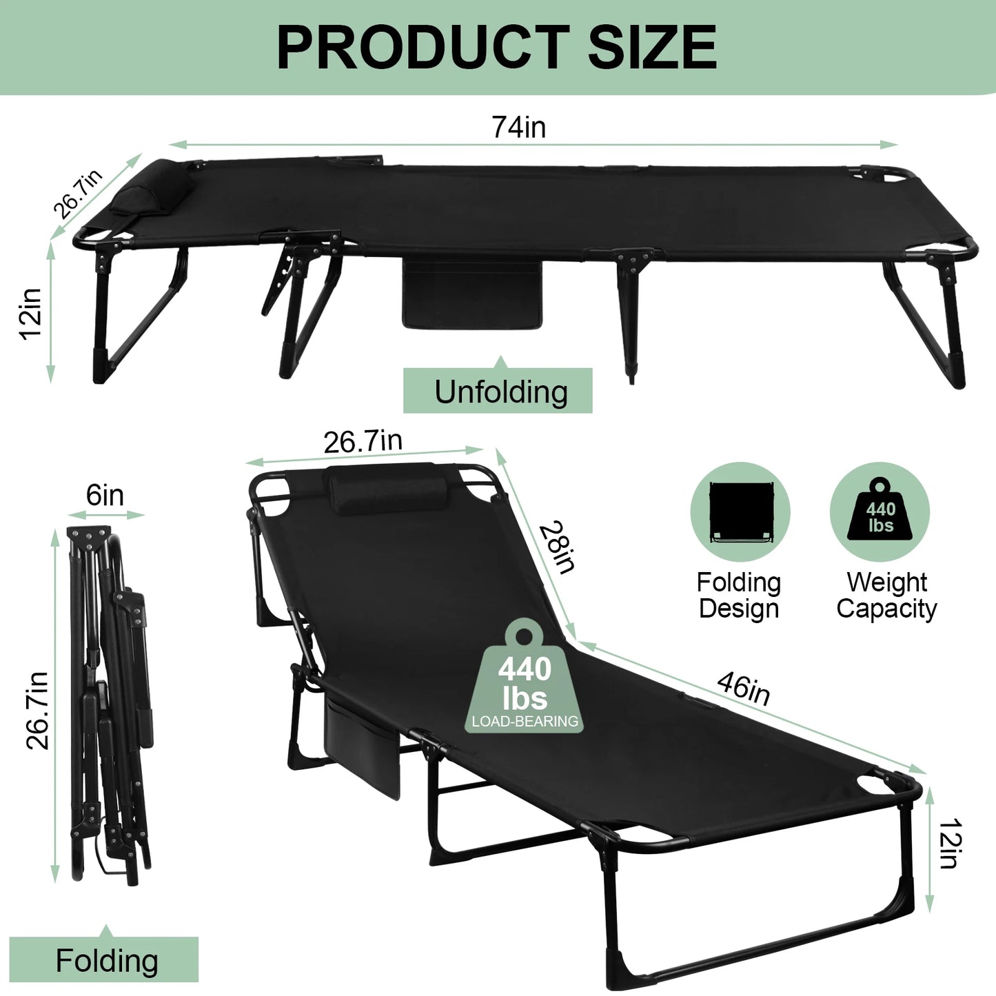 Portable Folding Camping Cot With 3-Position Adjustable Recliner Pillow