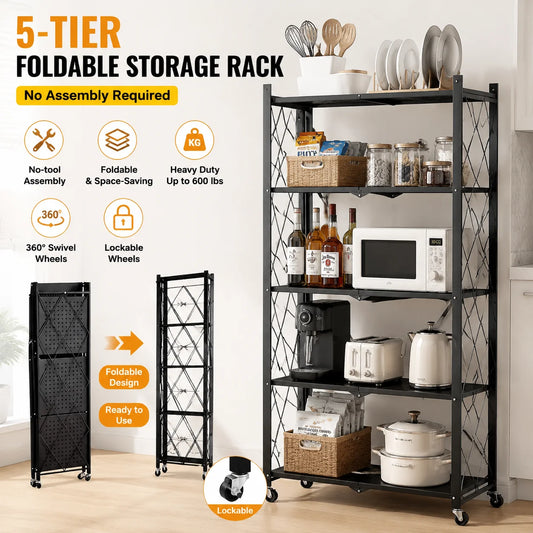Heavy Duty 5-Tier Collapsible Metal Storage Rack with Wheels, 63x28x15in Rolling Shelf, No Assembly Kitchen Organizer, Freestanding Pantry Garage Microwave Stand, 600 LBS Capacity, Black