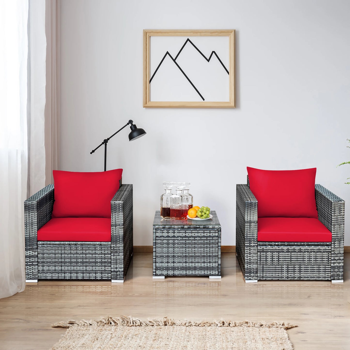 HOMASIS 3 Piece Patio Rattan Bistro Set Cushioned Sofa Chair Table