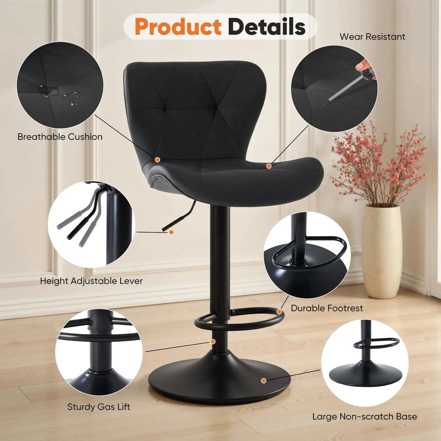 JHK Set Of 2 Adjustable Upholstered Swivel Dining Chairs