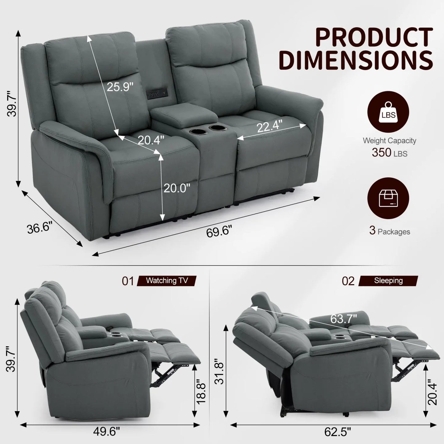 KORSER Two-Seater Loveseat Recliner With USB Ports And Cup Holders