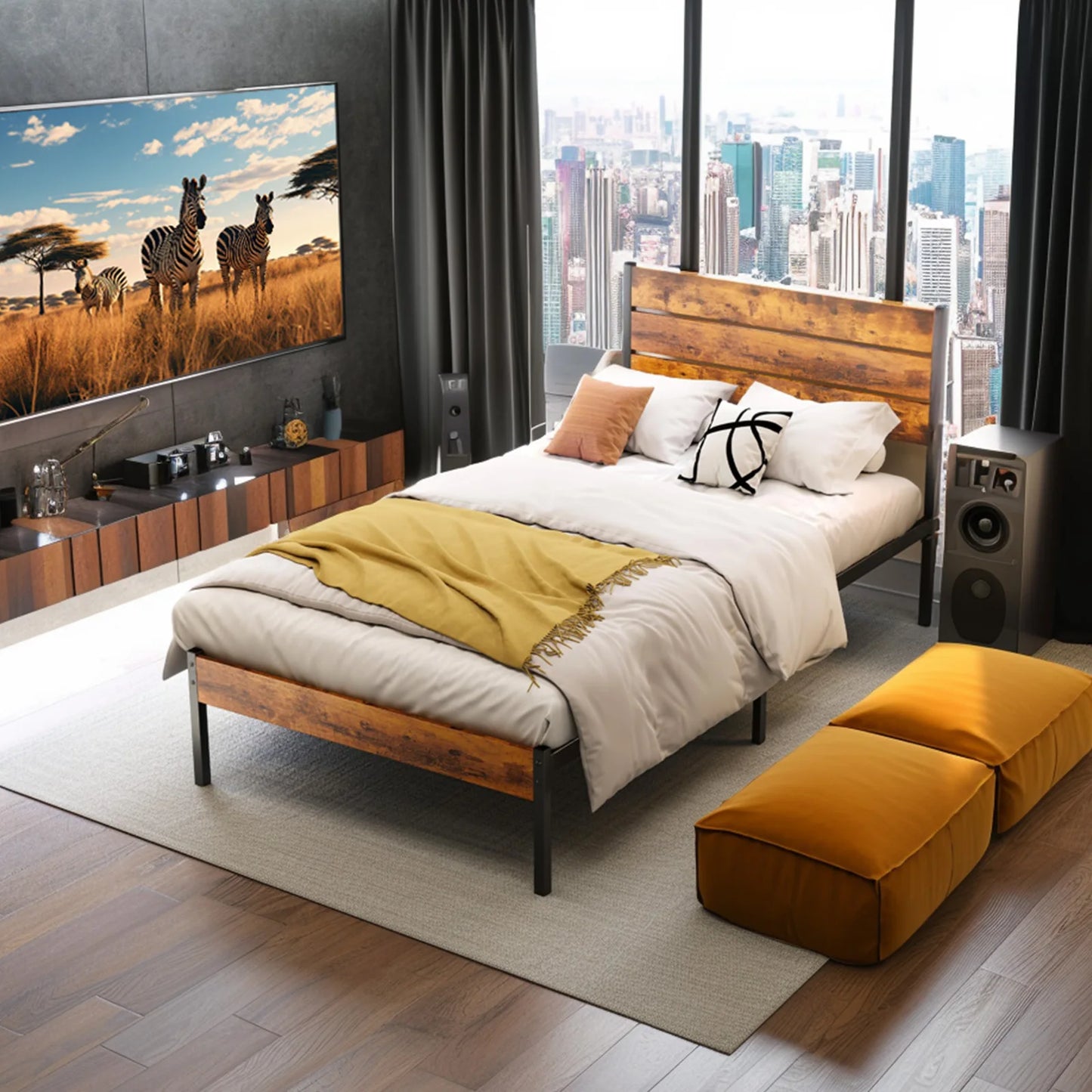 JHK Queen Metal Platform Bed Frame With Wood Slats