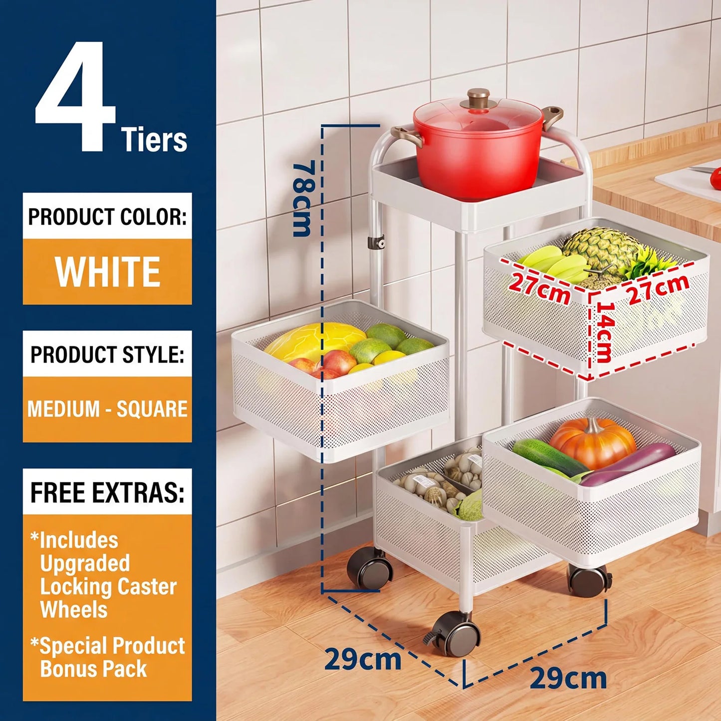 4/5-Tier Thickened Carbon Steel Rotating Storage Cart With Wheels, Mobile Produce Basket Utility Rack Organizer, No Assembly