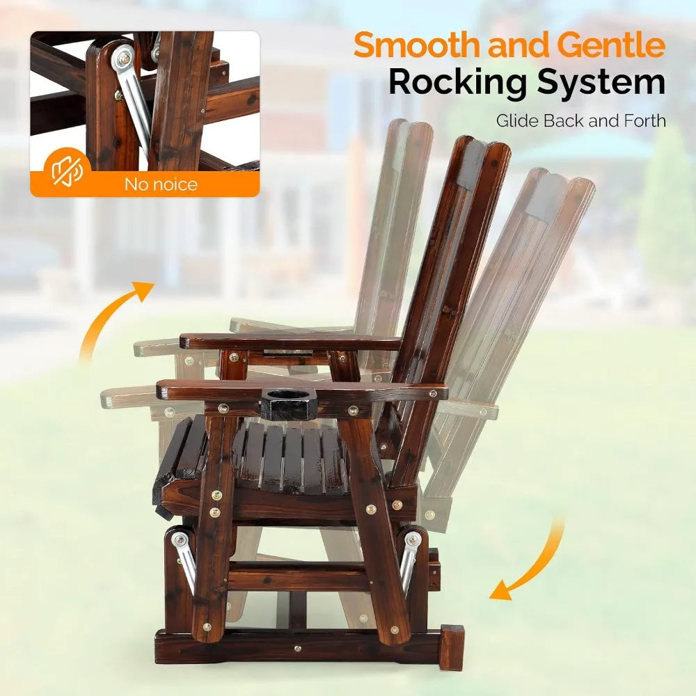 Outdoor Wooden Patio Glider Chair Cup Holder Smooth Rocking Rustic