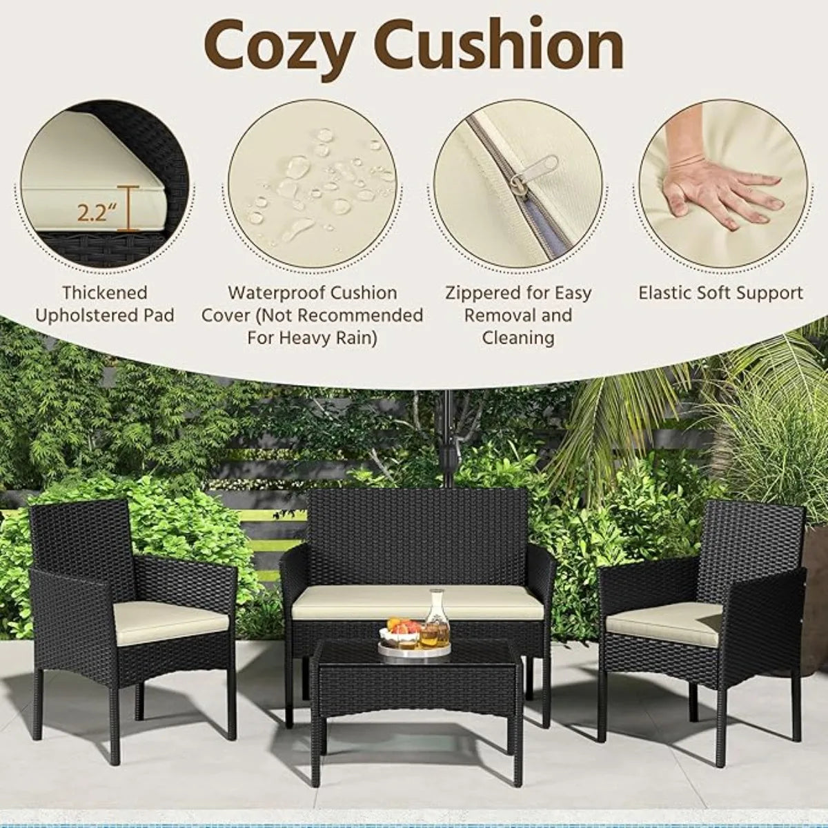 XIUWO 4-Piece Patio Furniture Set Rattan Wicker With Glass Table