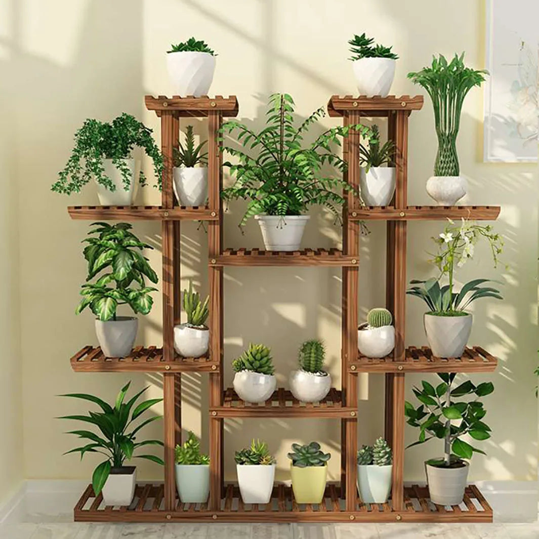 Wooden 11-Tier Plant Stand Carbonized For Indoor And Outdoor