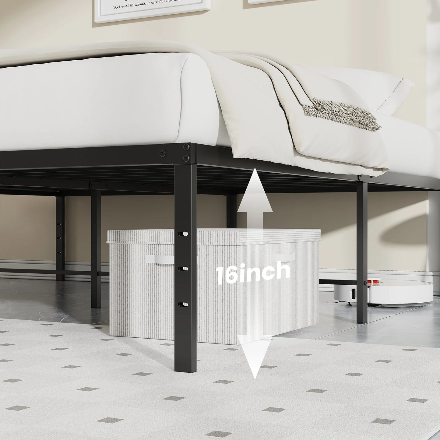 JHK Metal Platform 16IN Tall Basic Bed Frame Sturdy Steel Heavy Duty with Storage Space Bedroom Frames Slat Support For Home