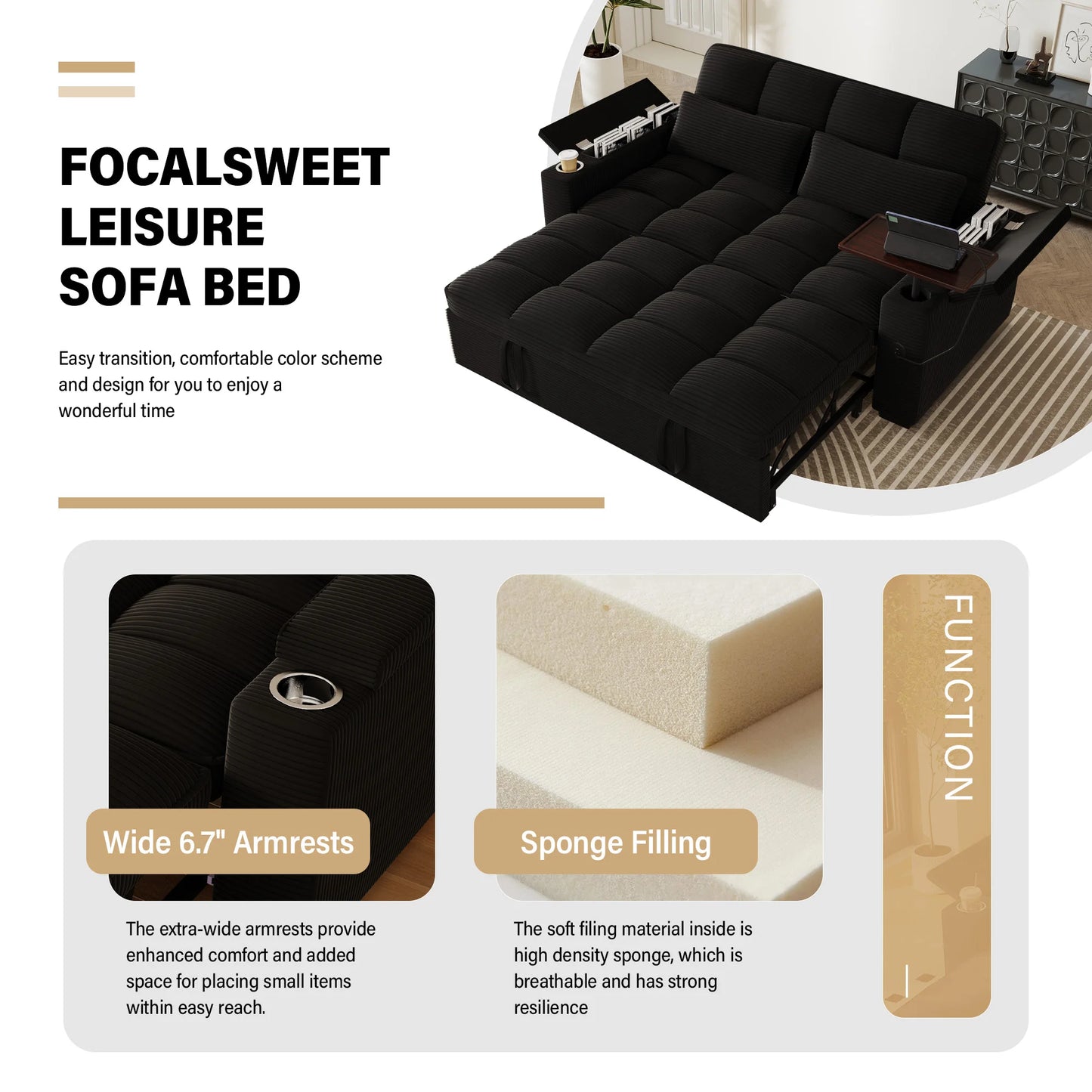 65 Inch Foldable Sofa Bed With Swivel Table And USB Charging