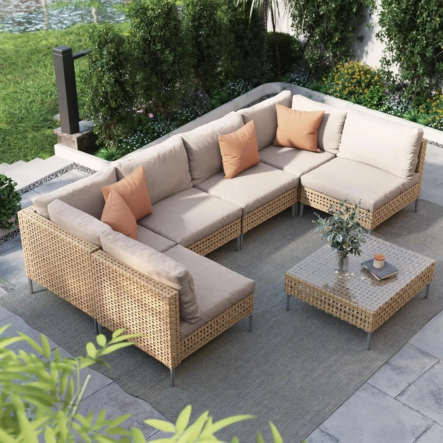 Boho Outdoor Conversation Set All Weather Wicker Sectional Sofa Cushions