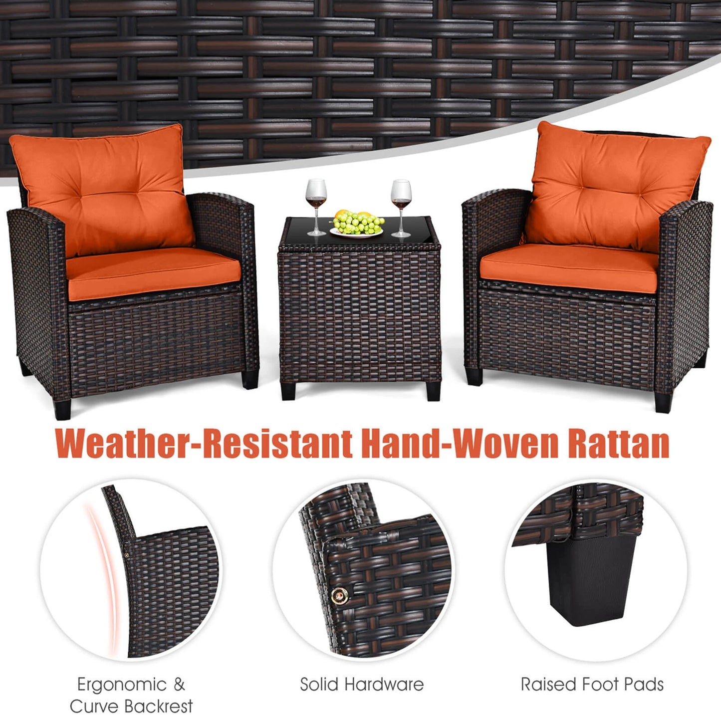 HOMASIS 3-Piece Cushioned Patio Rattan Conversation Set