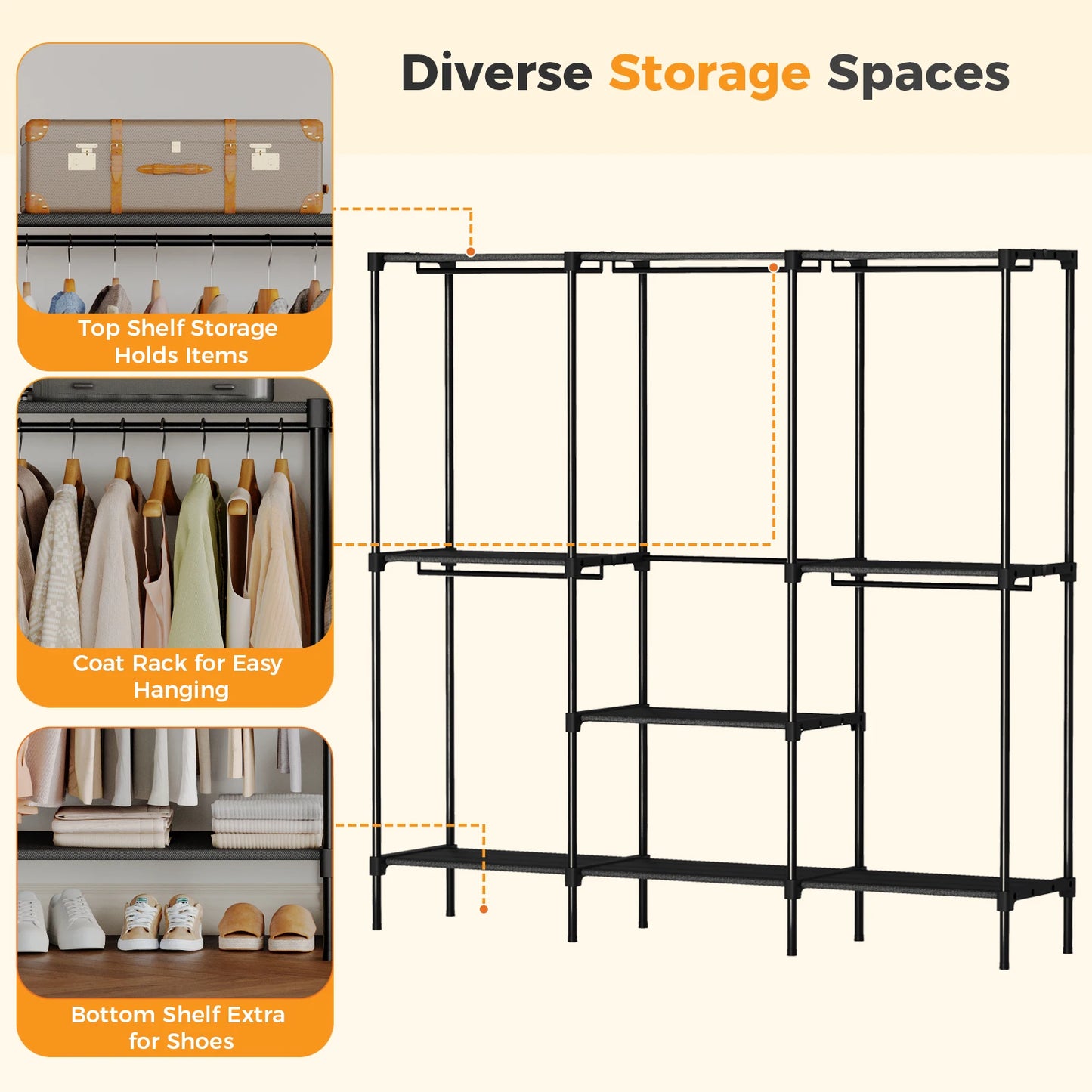JHK 72IN to 81IN Portable Three Rows Wardrobe Closet with Hanging Rods Clothing Rack with Shelves Mudroom Storage Organizer