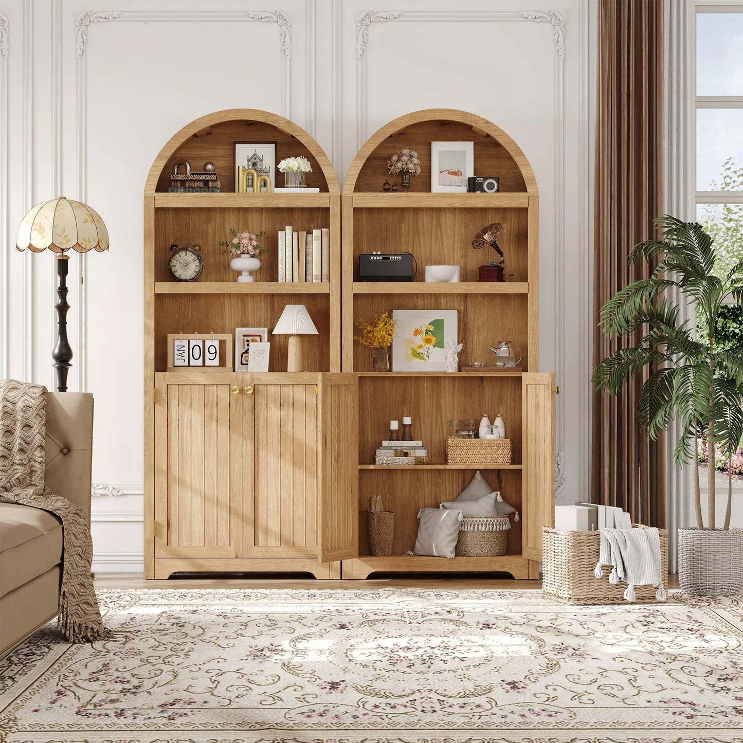 Arched Bookcase with Doors, 71 Inch Tall Storage Bookshelf with Cabinet and Shelves, Wooden Display Bookcase for Living Room, Home Office, White with Black Handles