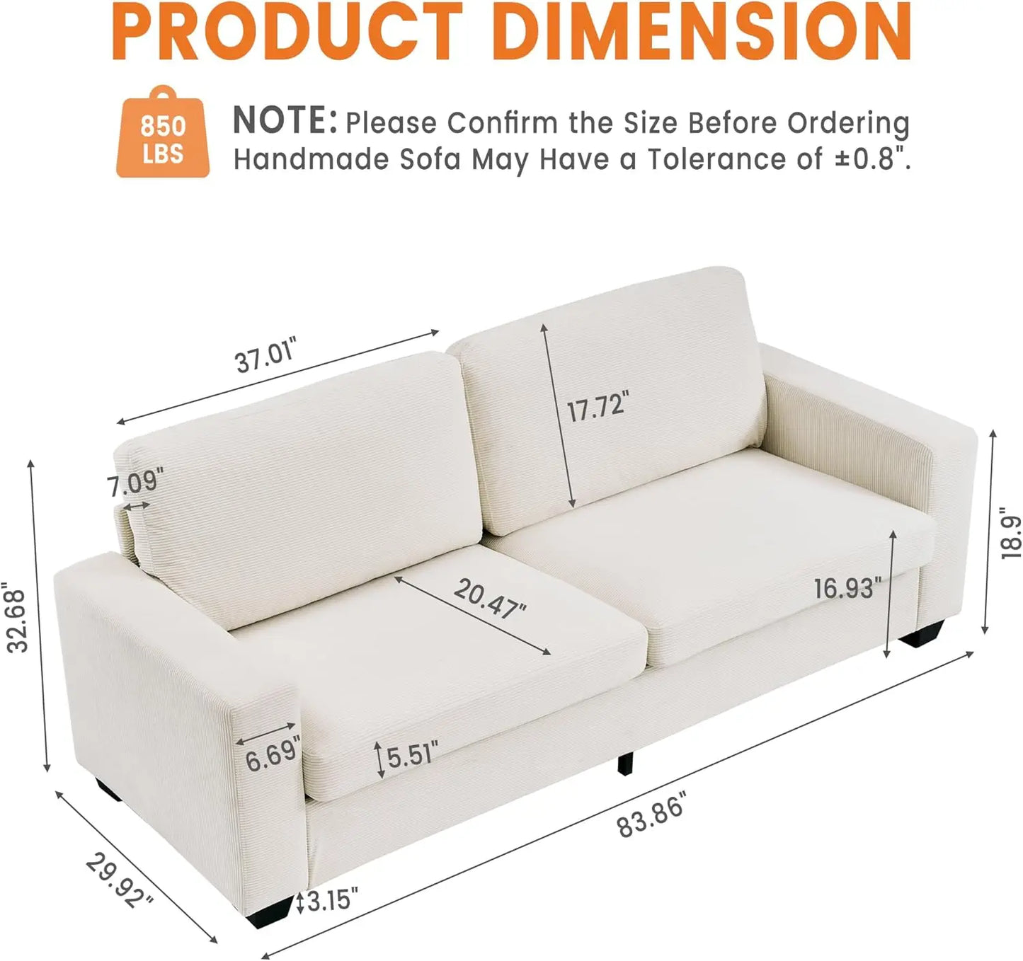 HobbyLane Modern Deep-Seat Sofa With Wide Armrests Removable Washable Cover