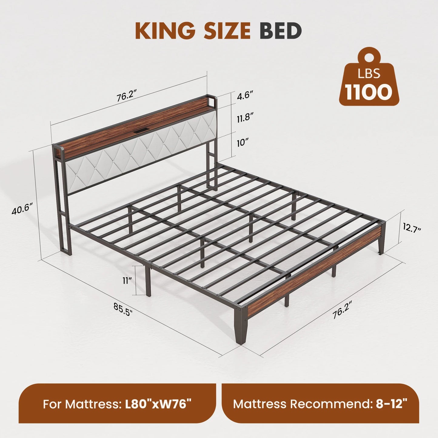 JHK King Size Metal Bed Frame With Storage And Charging Station