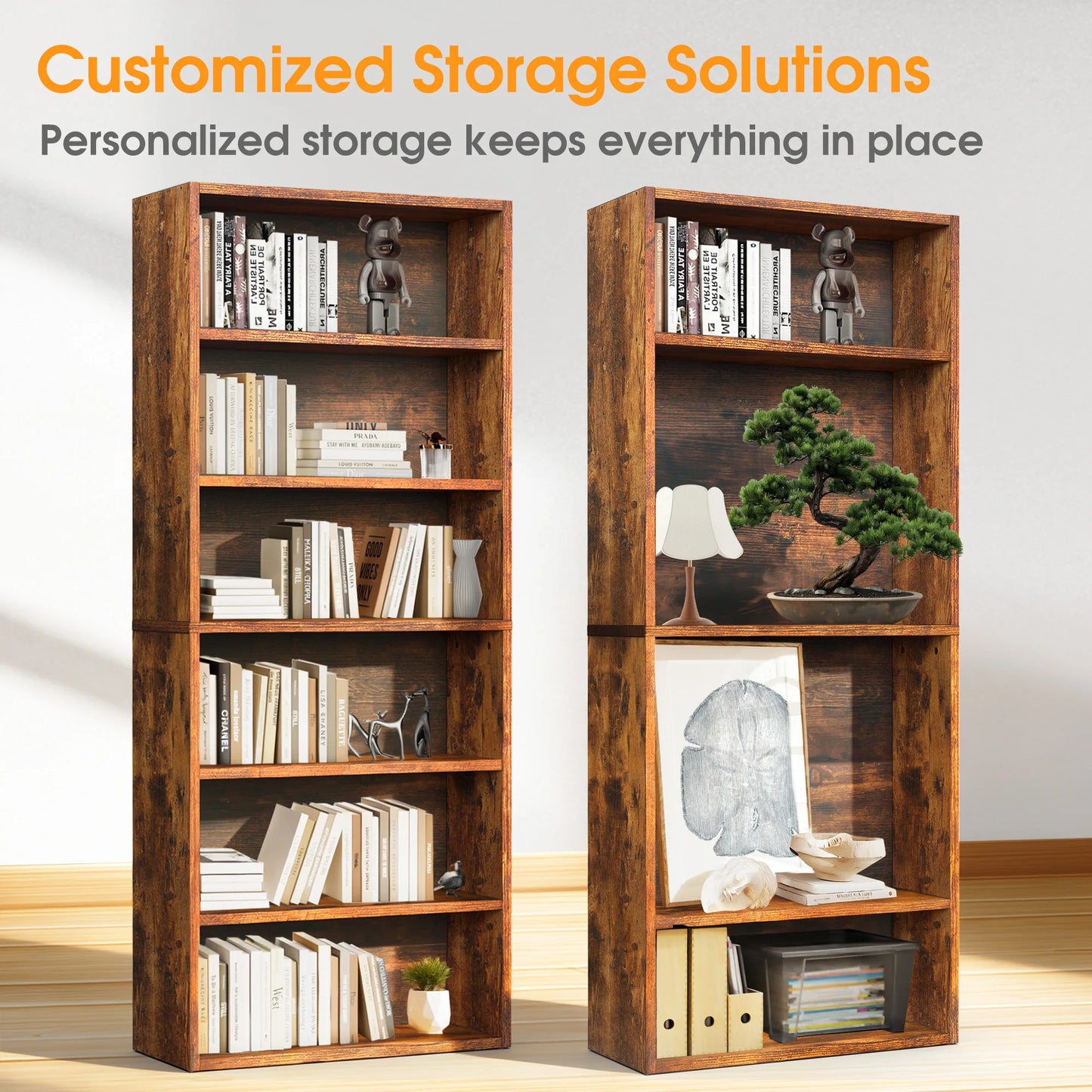 MCQ 6 Shelf Bookcase Wooden Large 63 Inch Tall Bookcase Standing Open Book Shelf Organizer Adjustable Display Storage Shelves
