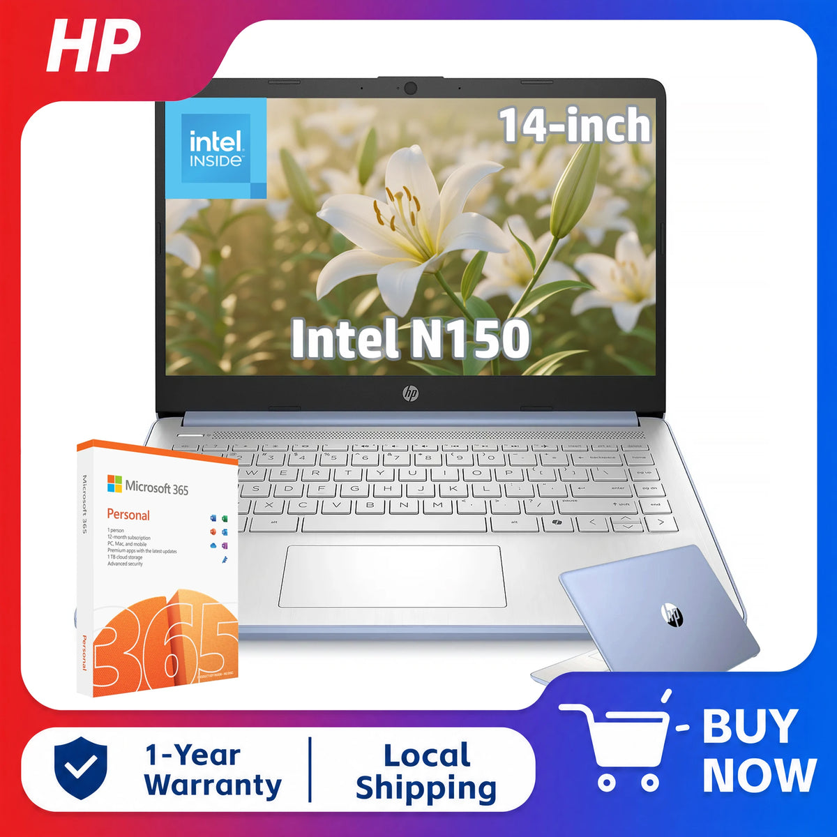 HP 14" HD LED Ultra Light Laptop with 1-Year Microsoft 365,Intel Processor N150,Up to 16GB RAM,384GB Storage (128GB UFS+256GB SD Card),Windows 11 S