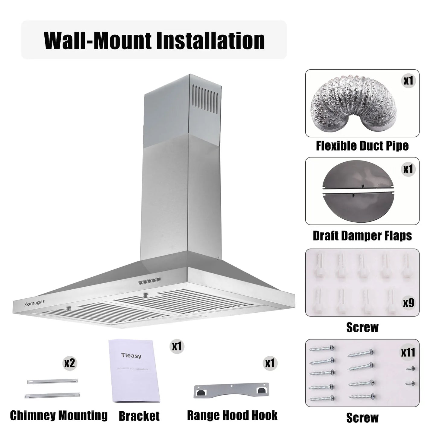 Zomagas Stainless Steel Wall Mount Range Hood Convertible Ductless