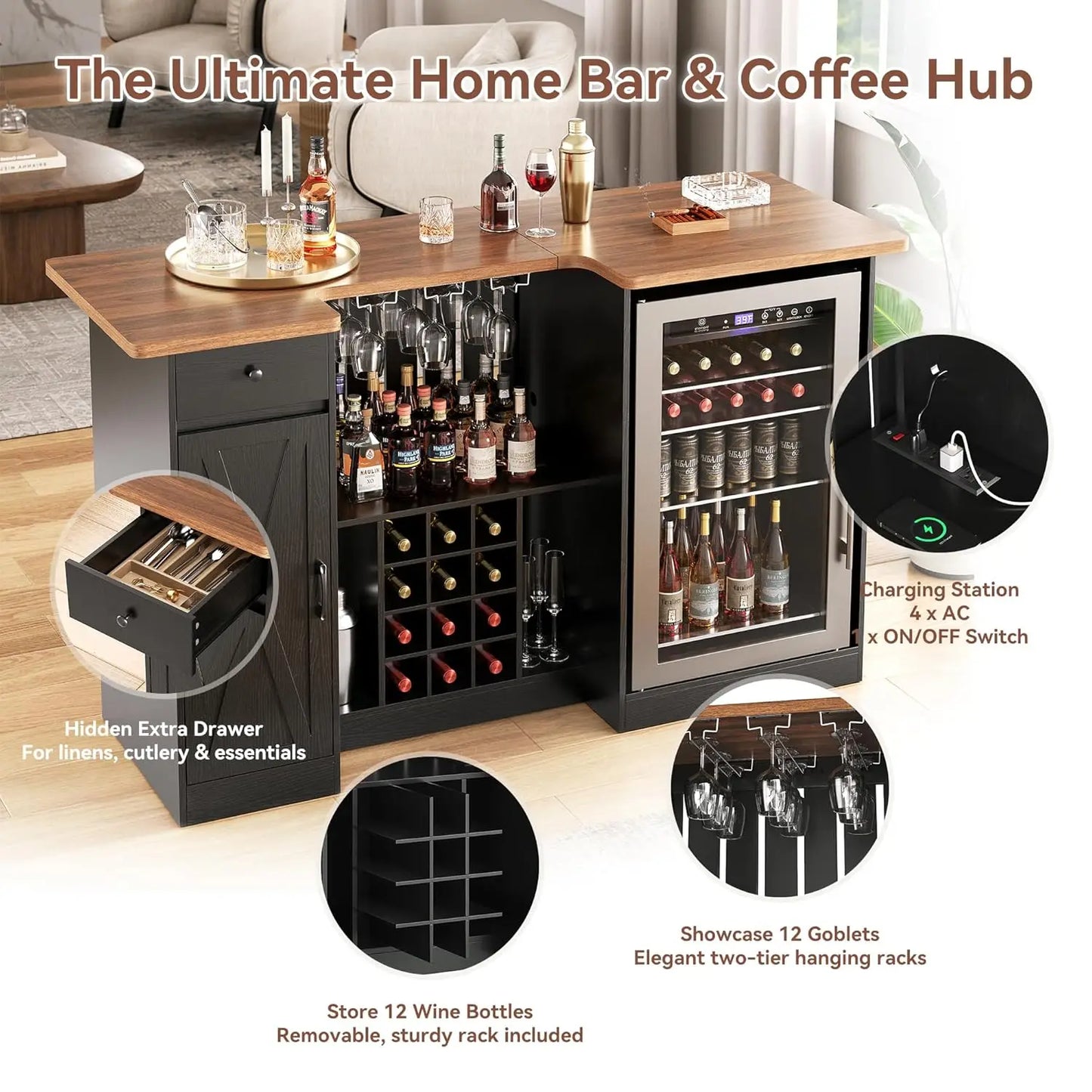 U Shape Bar Cabinet With Fridge Space And Wine Rack