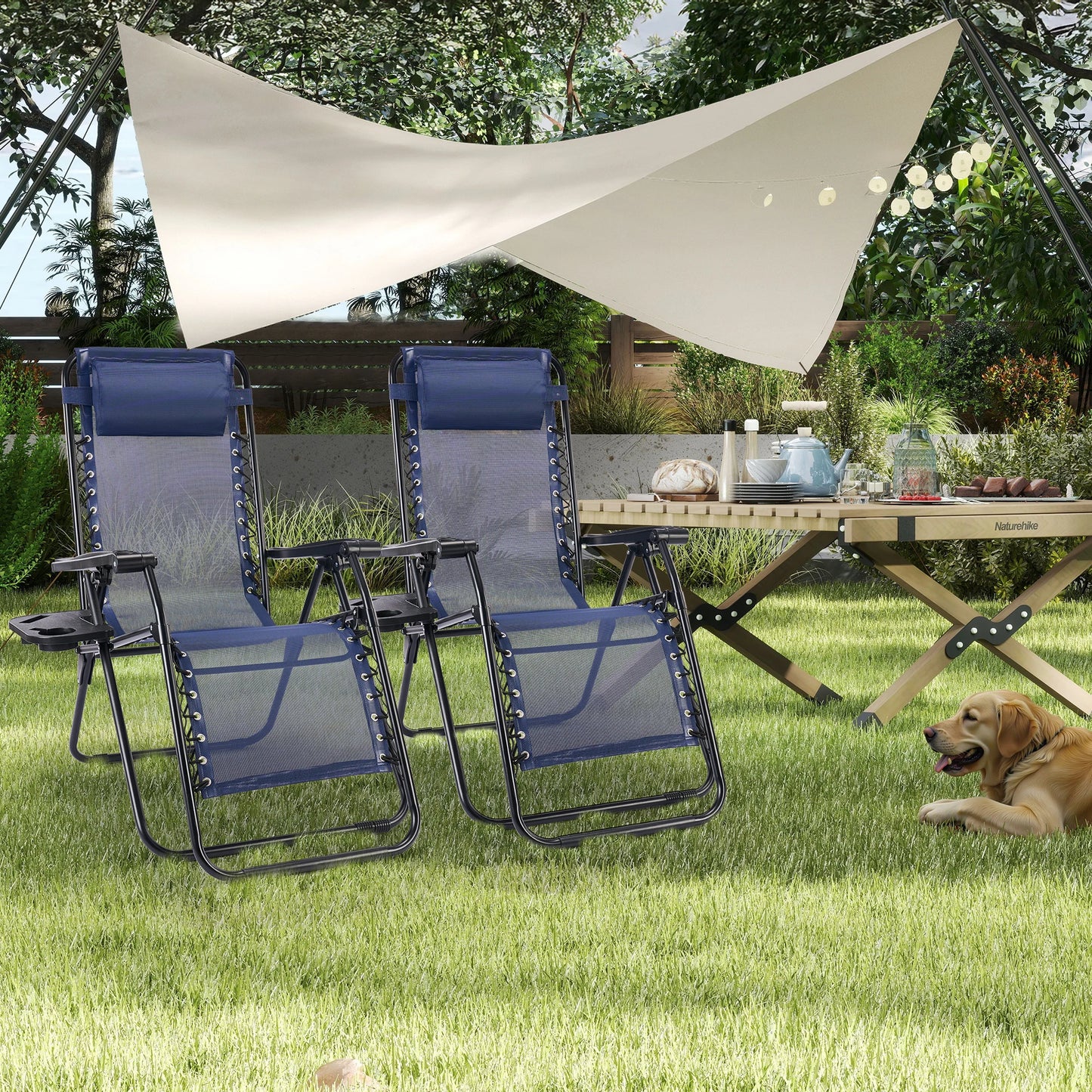 JHK Portable Zero Gravity Recliner Chairs Set of 2 Outdoor Garden Folding Lounge Chair with Cup Holder Trays Adjustable Pillow