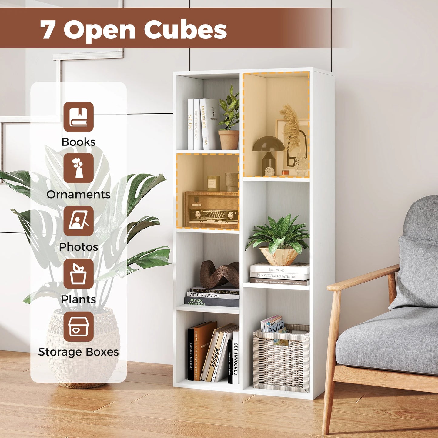 HOMASIS 7 Cube Bookcase Freestanding Wood Storage Shelf