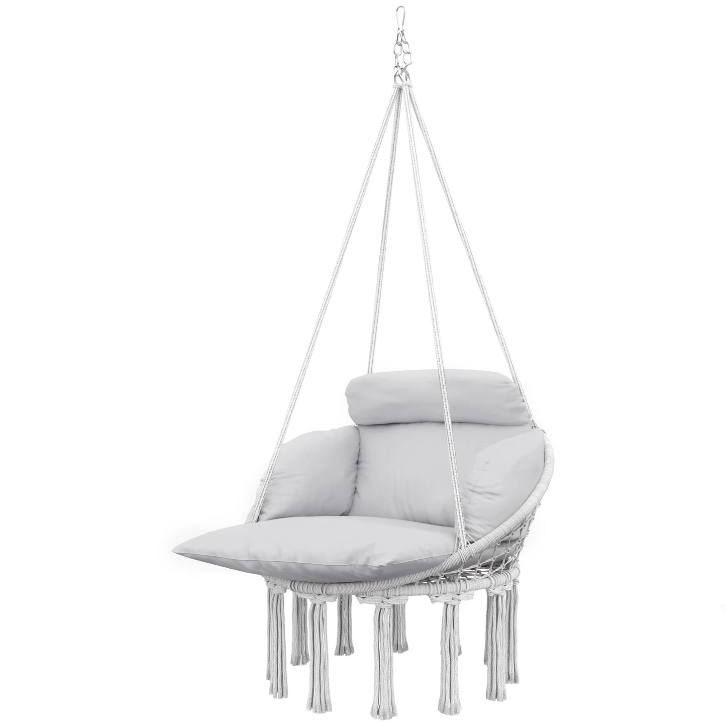 None Gray Outdoor Hanging Hammock Chair With Macrame Cushion