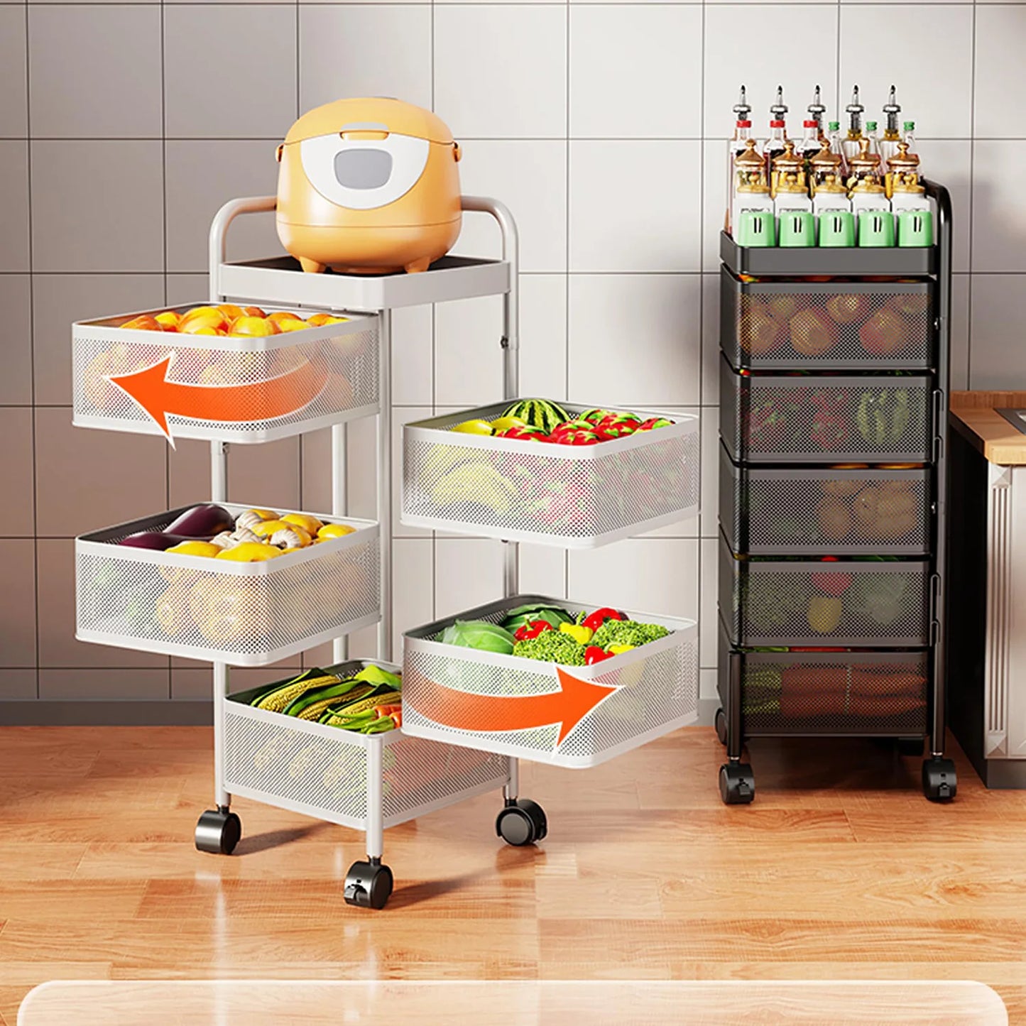 4/5-Tier Thickened Carbon Steel Rotating Storage Cart With Wheels, Mobile Produce Basket Utility Rack Organizer, No Assembly