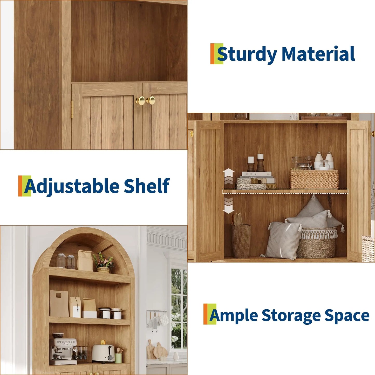Arched Bookcase with Doors, 71 Inch Tall Storage Bookshelf with Cabinet and Shelves, Wooden Display Bookcase for Living Room, Home Office, White with Black Handles