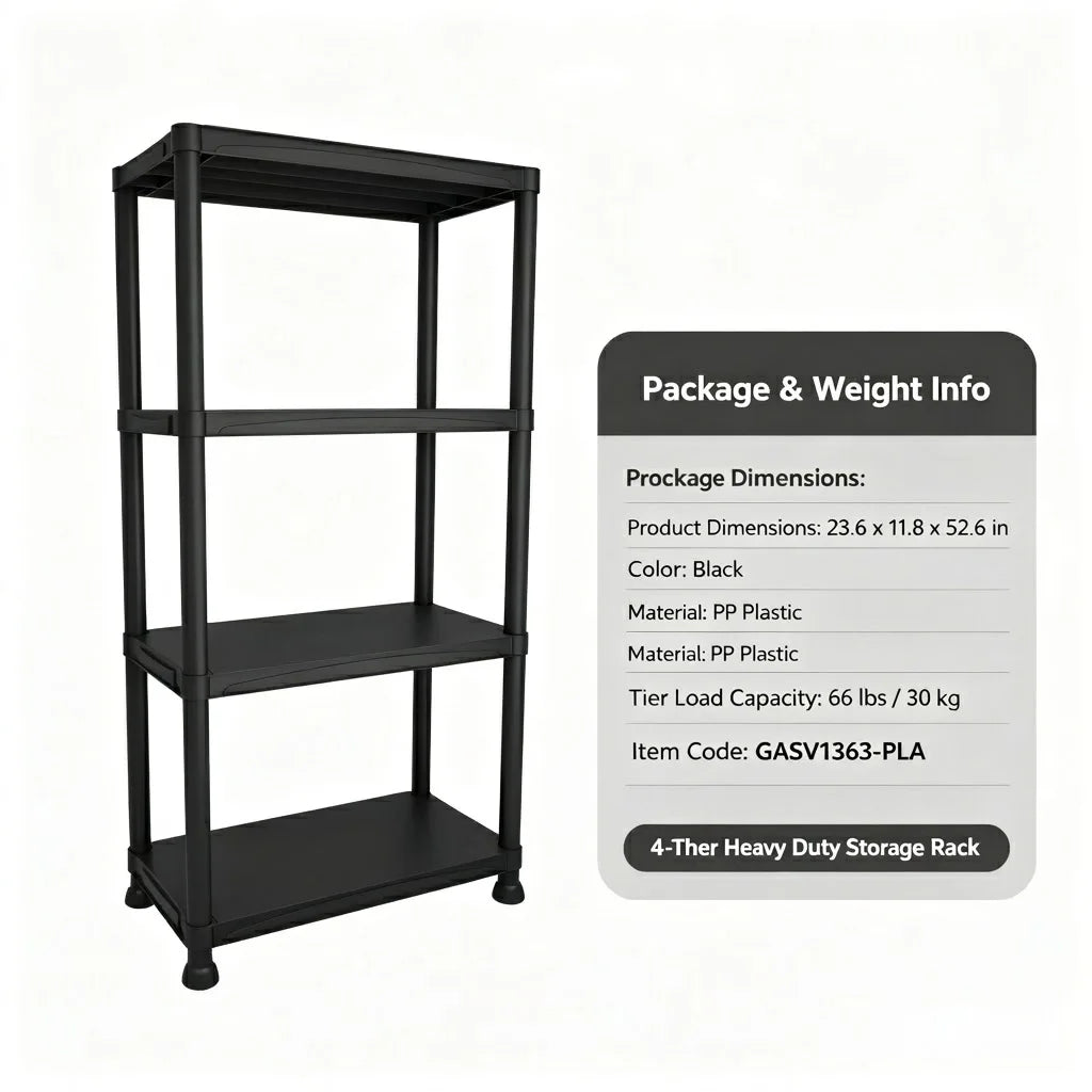 4 & 5 Tier Plastic Storage Shelving Unit, Heavy Duty Black PP Utility Rack, 3 Sizes Available Waterproof Organizer for Garage Kitchen Basement Laundry Pantry