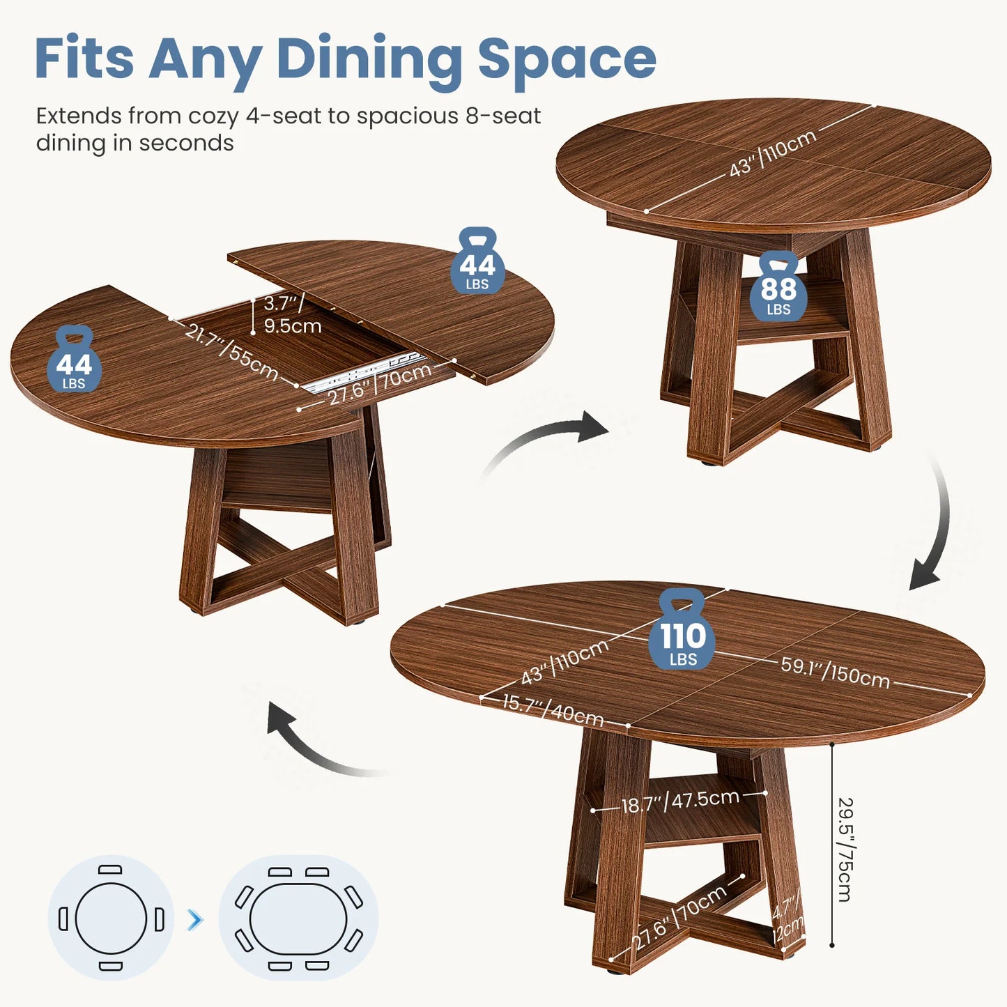 JHK Extendable Round Wood Dining Table With Storage