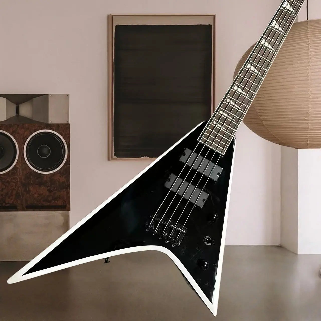 The New V-shaped Electric Guitar Features A Black Band with White Edging and A 5-string Bass Design That Is Suitable As A Holiday Gift