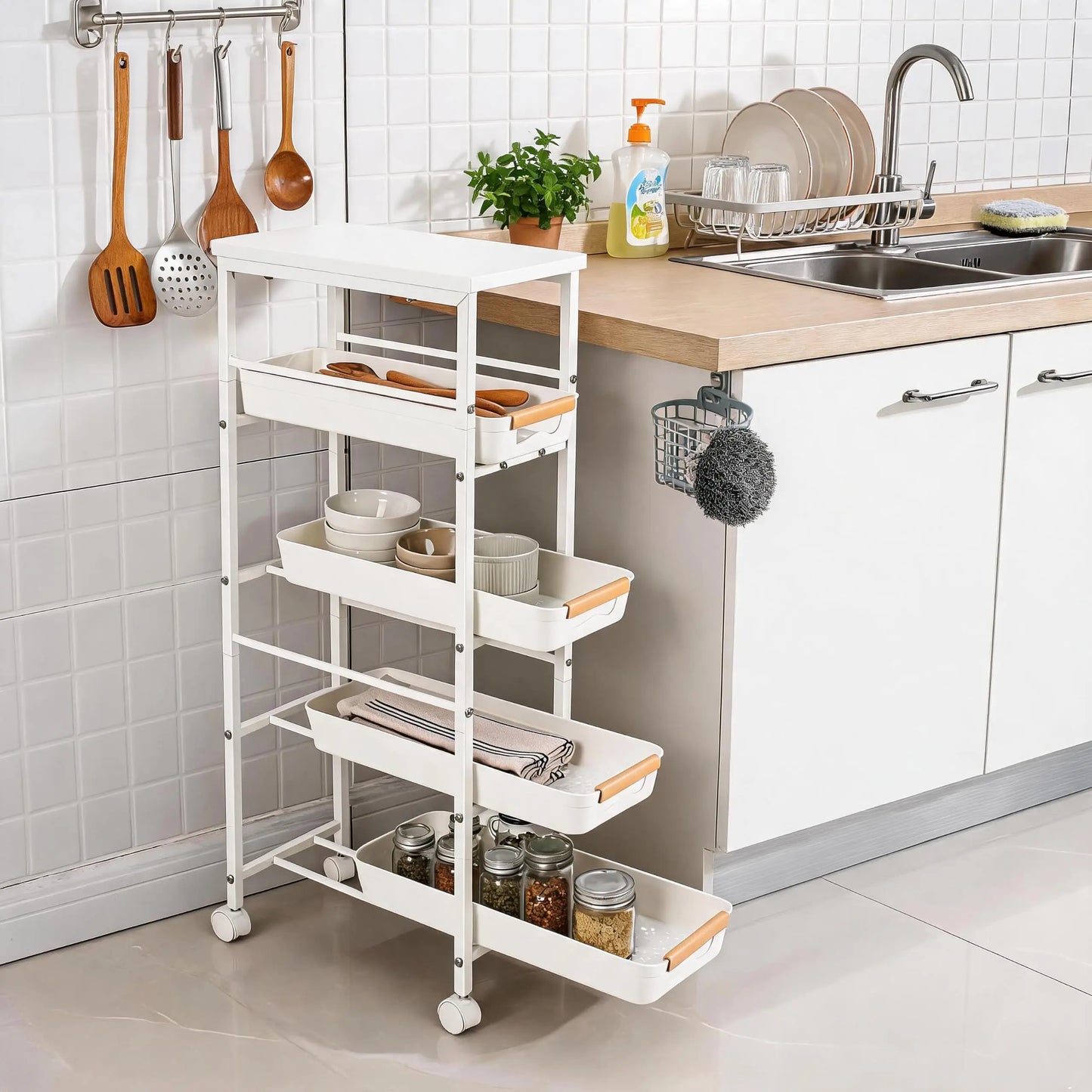 5 Tier Rolling Kitchen Cart With Pull Out Basket And Tabletop 20.5cm Storage Cart On Wheels Space Saving Organizer For Kitchen Living Room Pantry