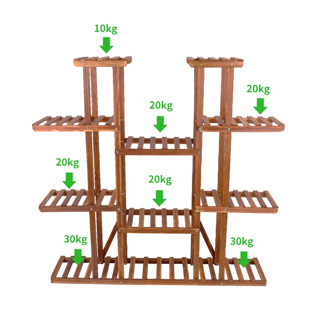 Wooden 11-Tier Plant Stand Carbonized For Indoor And Outdoor