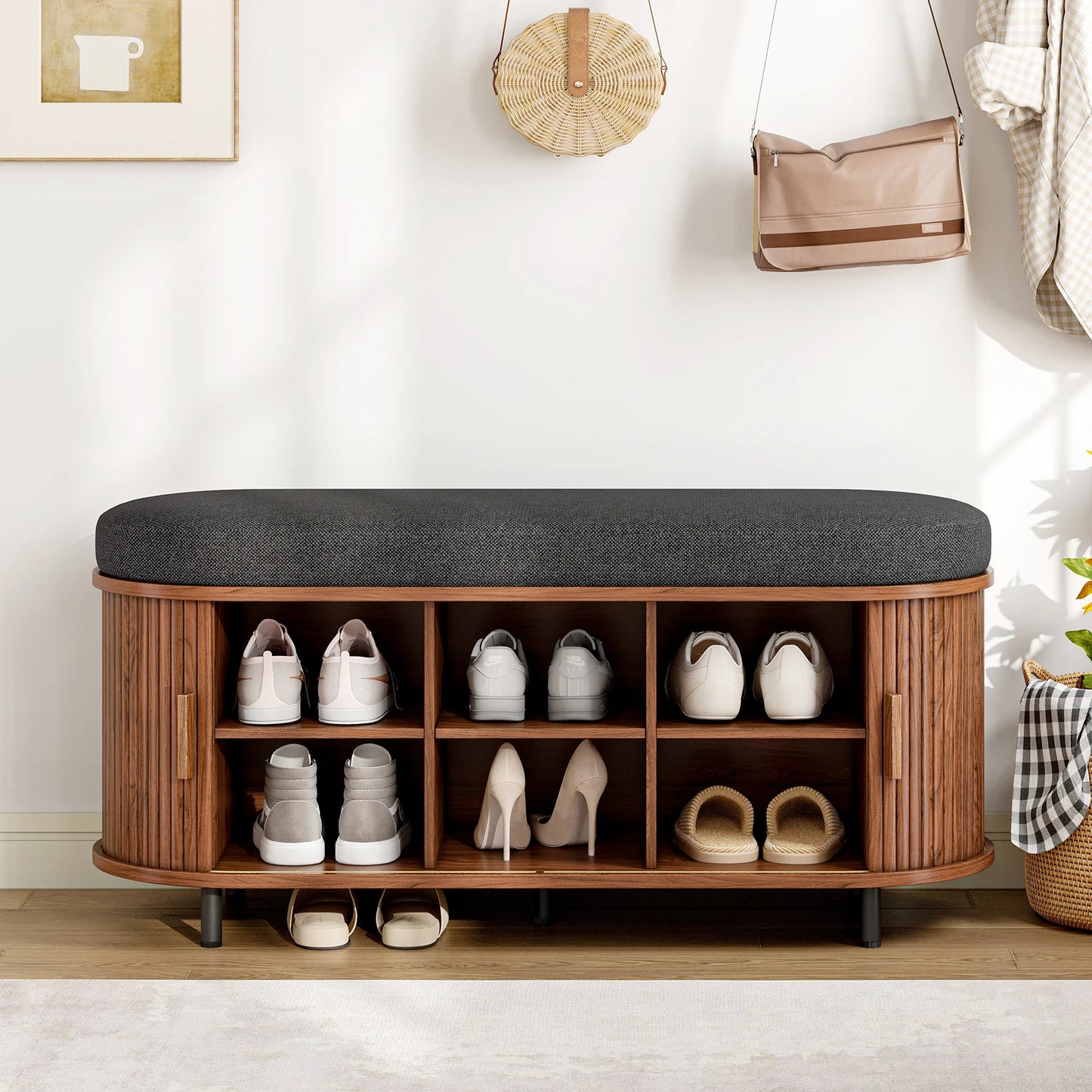 Shoe Storage Bench 3 Tier Organizer Cushion Sliding Door