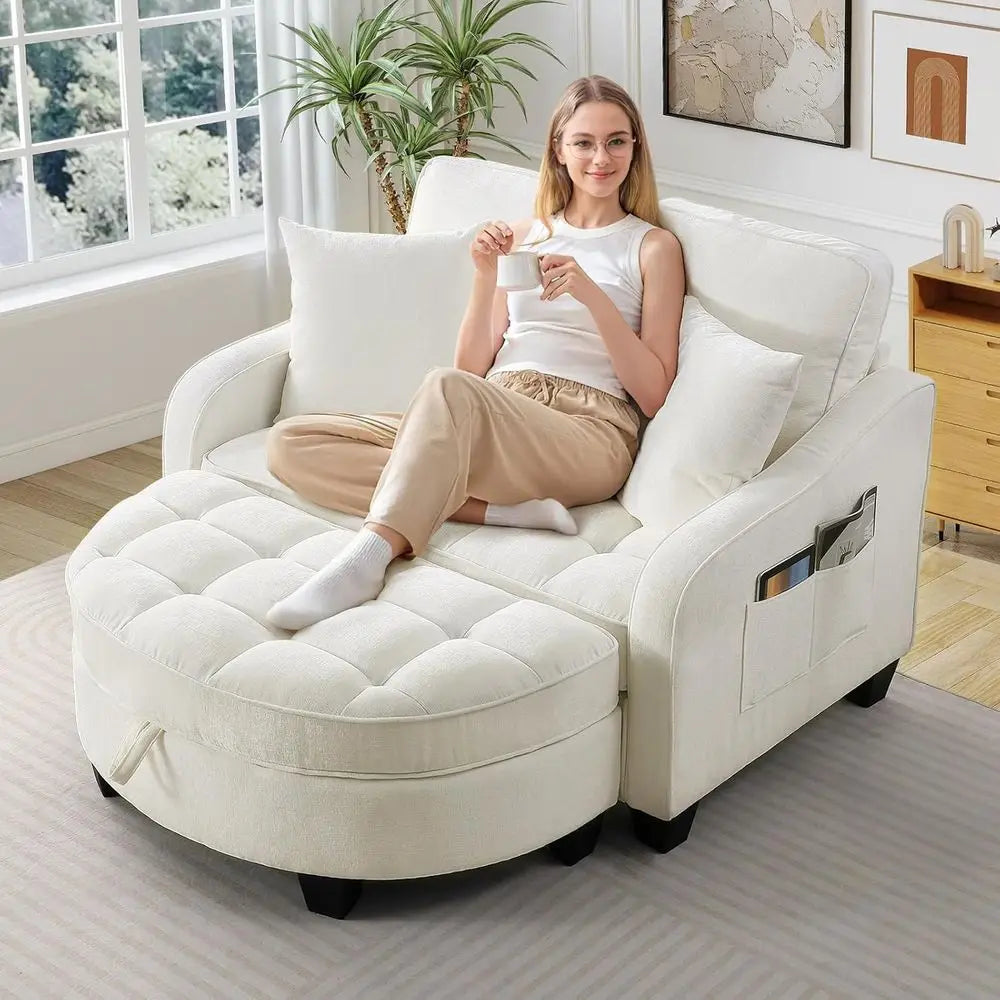 Chenille Tufted Reading Chair With Storage Ottoman Upholstered Lounge