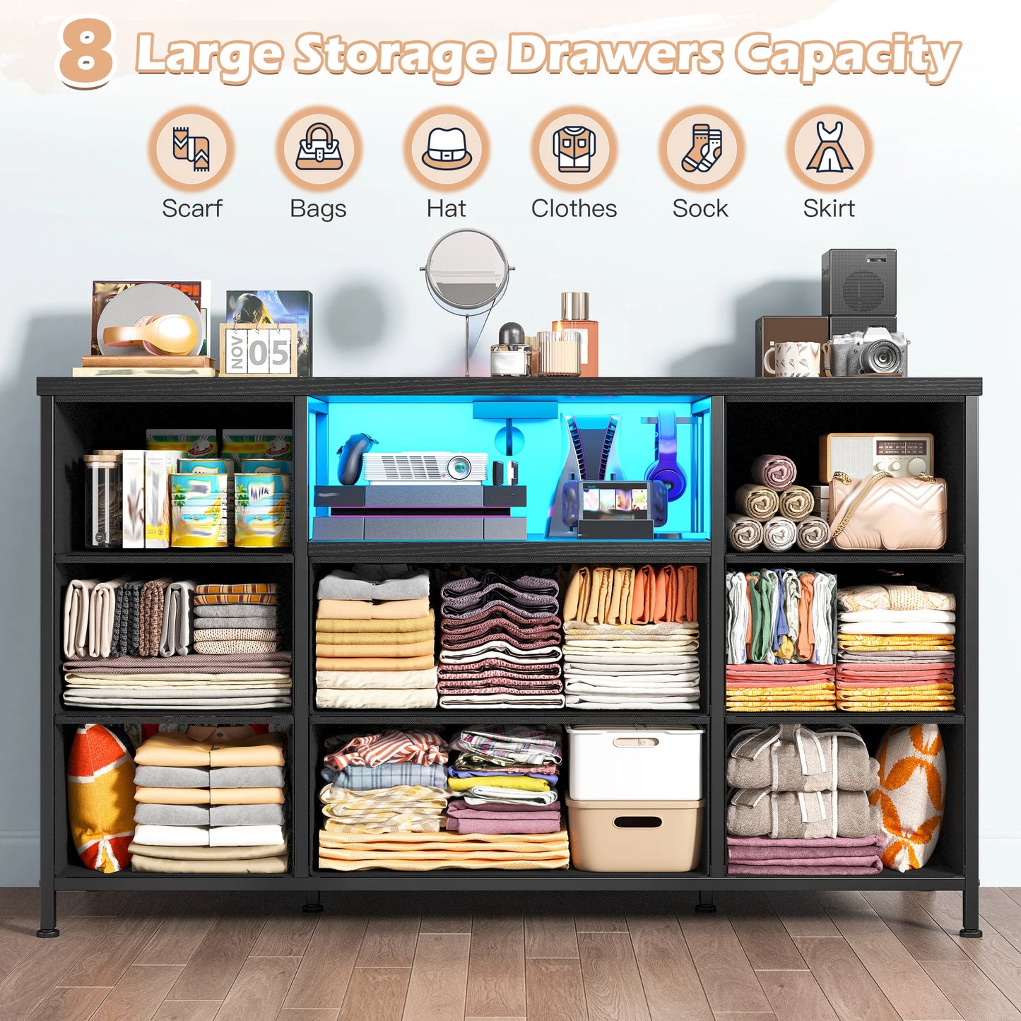 EnHomee 8-Drawer Media Dresser with LED Lighting & Built-in Charging Station - Fabric Storage Cabinet for 55" TVs, Ideal for Bedroom