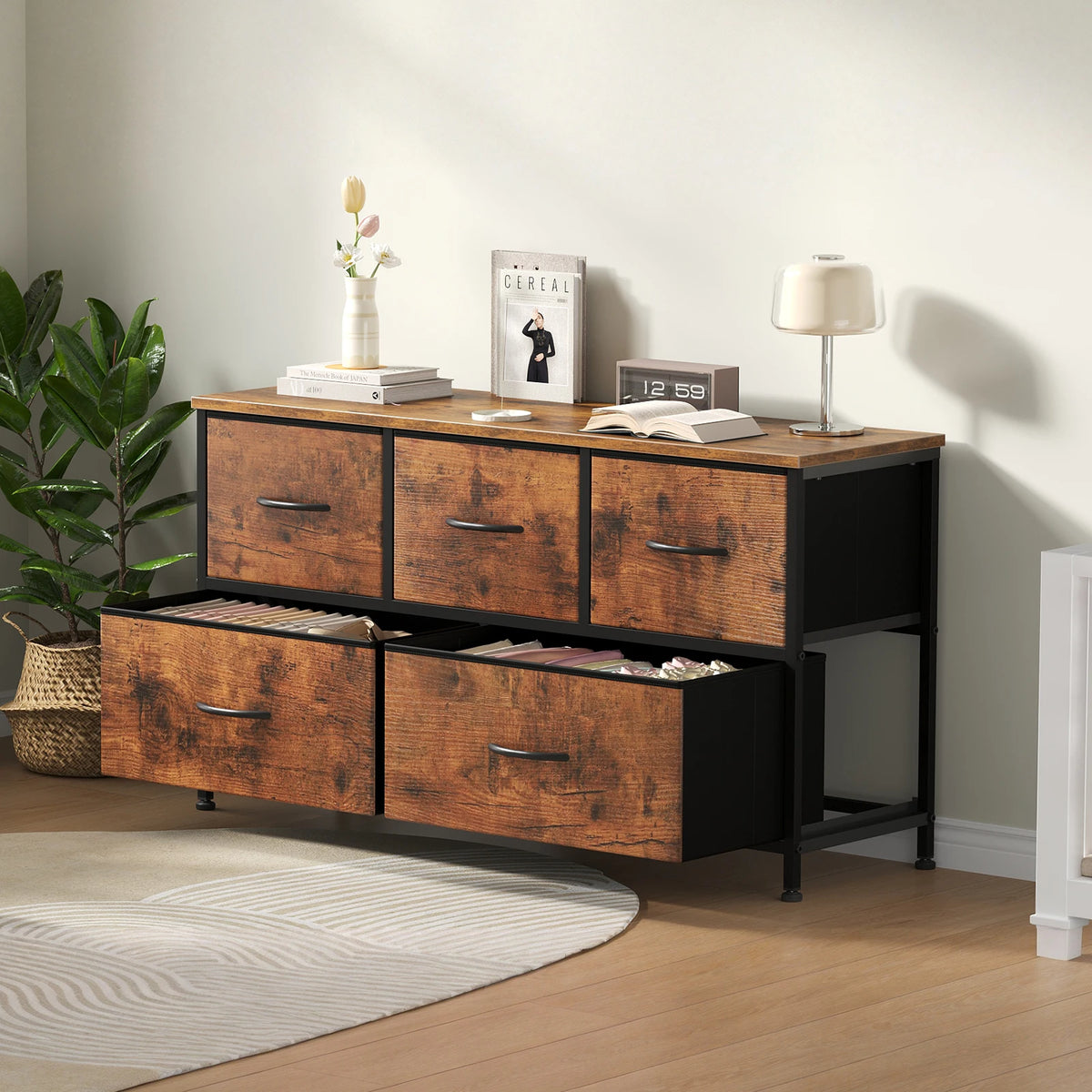 MCQ Modern Storage Cabinet With Wooden Top And Metal Frame
