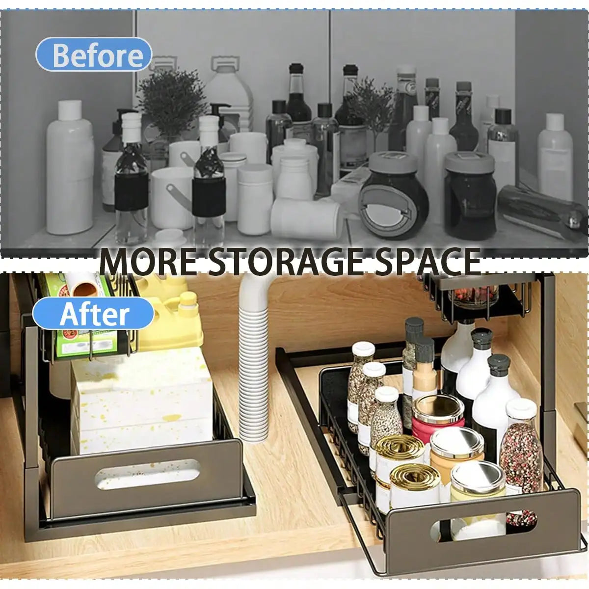 Under Sink Organizer Rack 2 Tier Under Sliding Cabinet Basket Organizer Drawer , Multi-Purpose Under Sink Storage For Bathroom Kitchen Desktop (Black)