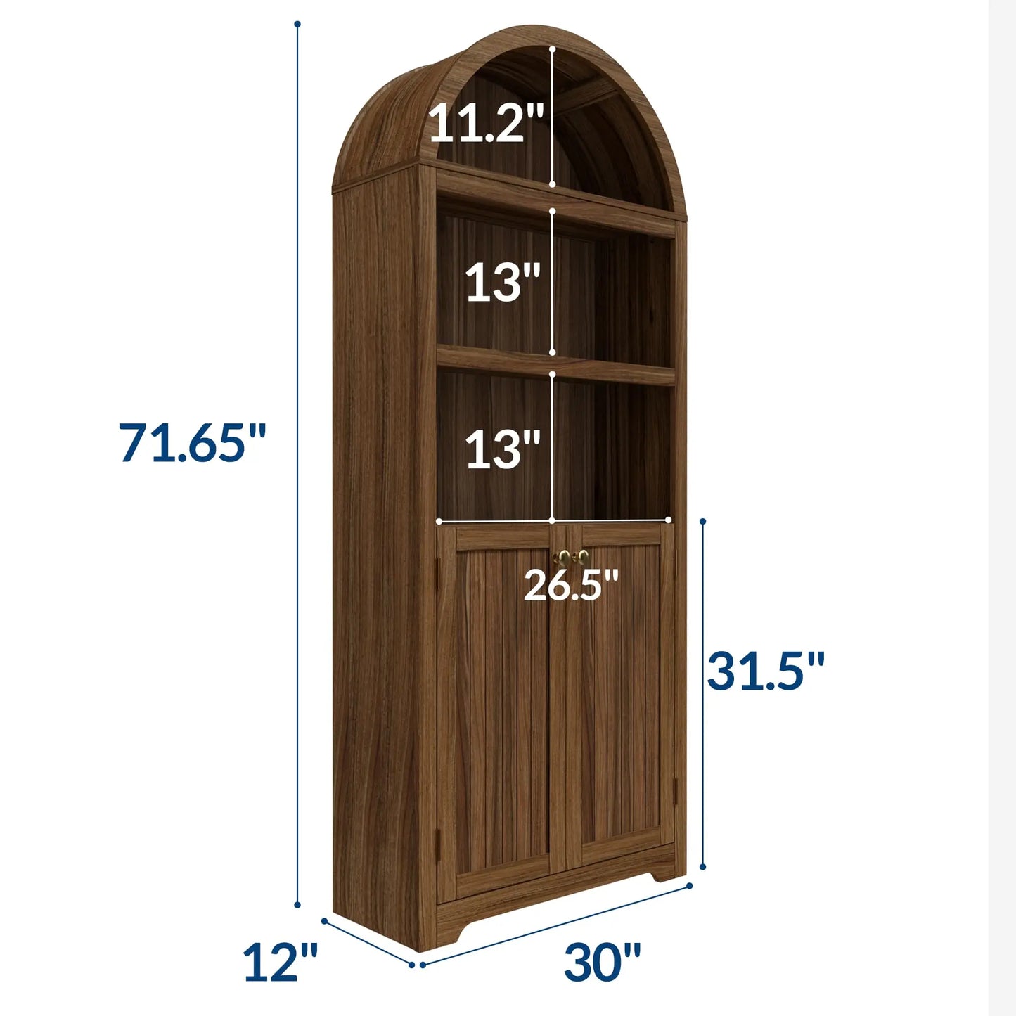 Arched Bookcase with Doors, 71 Inch Tall Storage Bookshelf with Cabinet and Shelves, Wooden Display Bookcase for Living Room, Home Office, White with Black Handles