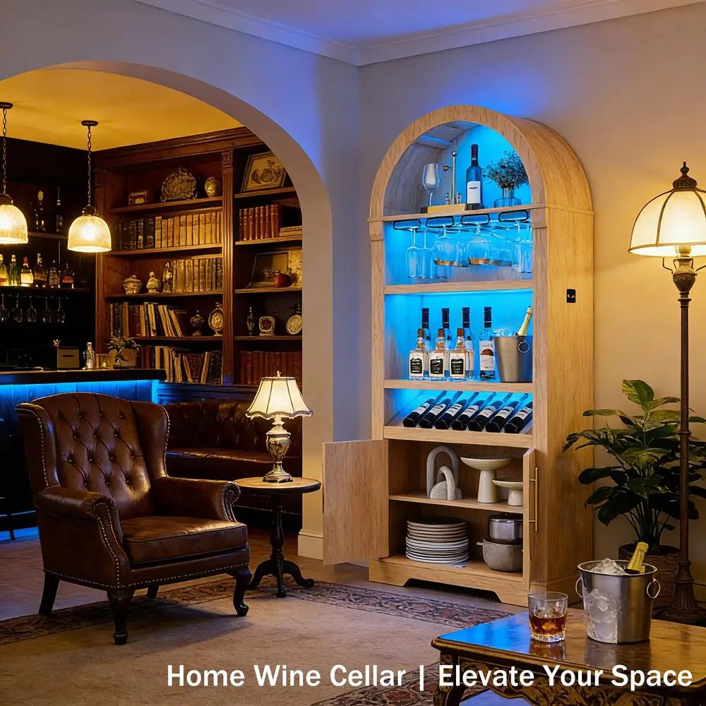Arched Wine Bar Cabinet With LED Light and Stemware Rack