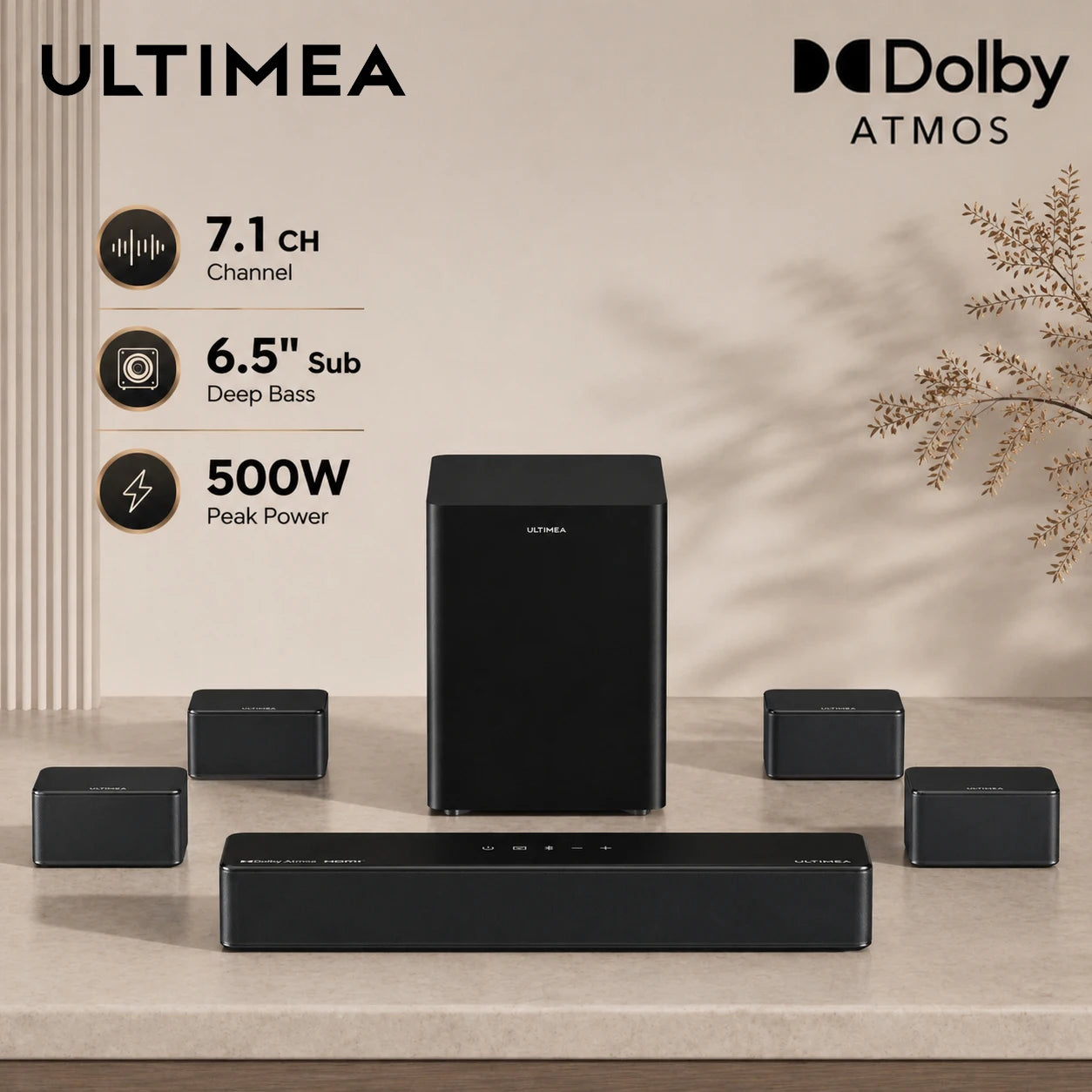 ULTIMEA Poseidon D80 Boom 7.1ch 500W Dolby Atmos Soundbar, Wireless Subwoofer & 4 Surround Speakers, Home Theater TV,APP Control