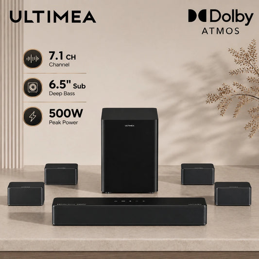 ULTIMEA Poseidon D80 Boom 7.1ch 500W Dolby Atmos Soundbar, Wireless Subwoofer & 4 Surround Speakers, Home Theater TV,APP Control