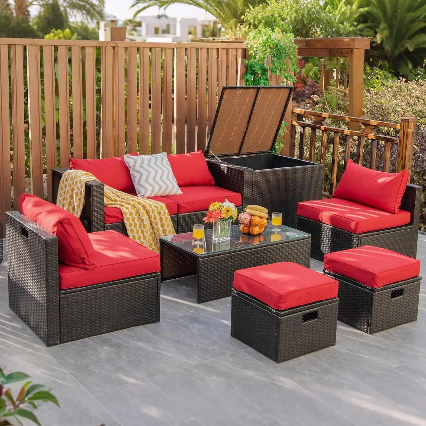 Rattan Outdoor Furniture Set With Glass Table And Storage Ottoman