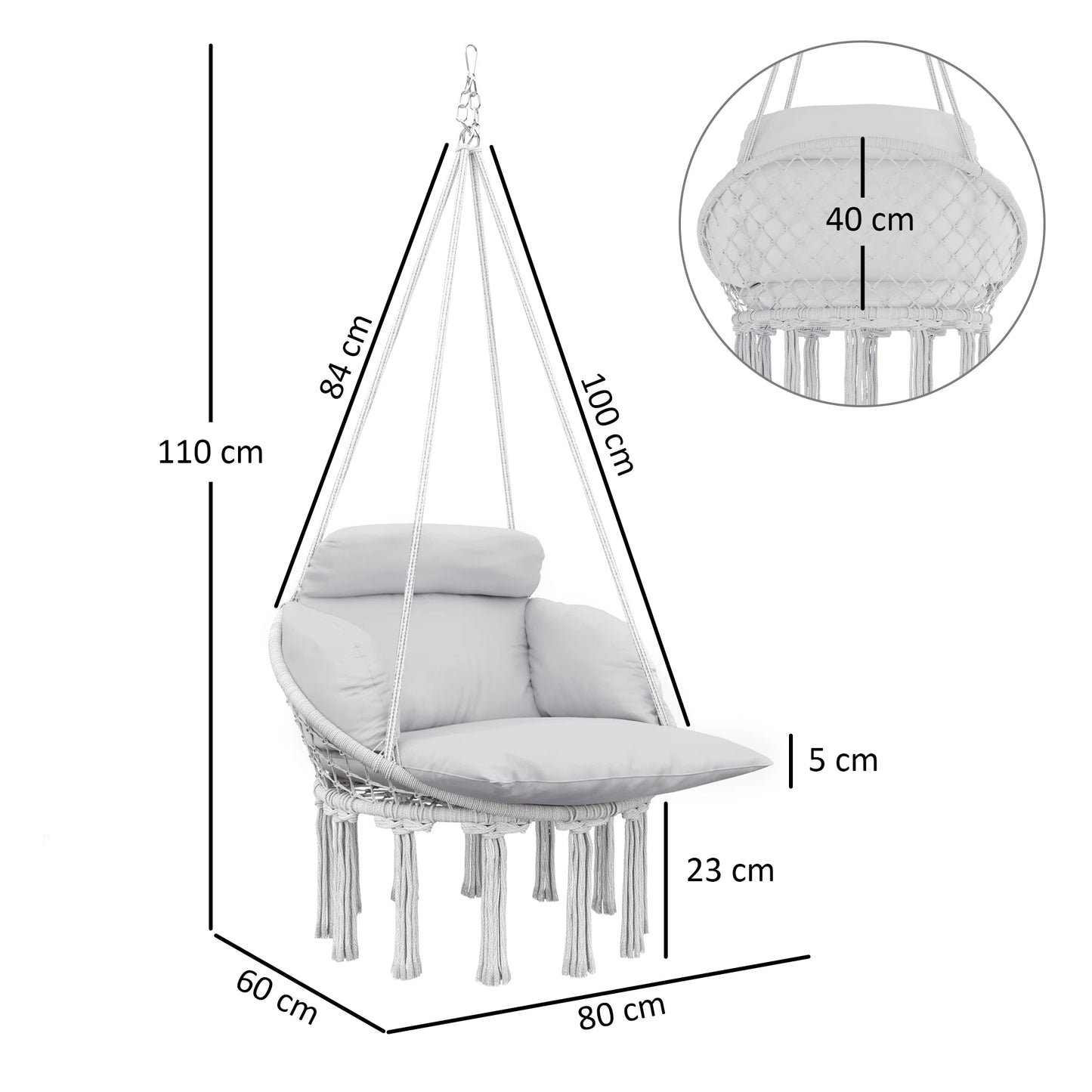 None Gray Outdoor Hanging Hammock Chair With Macrame Cushion
