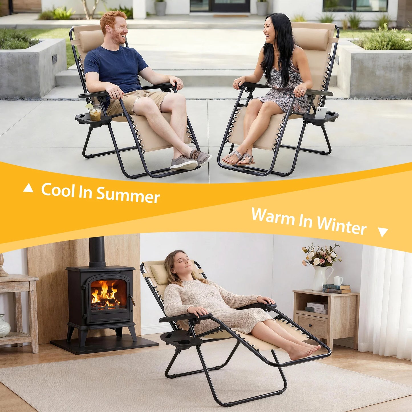 JHK Portable Zero Gravity Recliner Chairs Set of 2 Outdoor Garden Folding Lounge Chair with Cup Holder Trays Adjustable Pillow