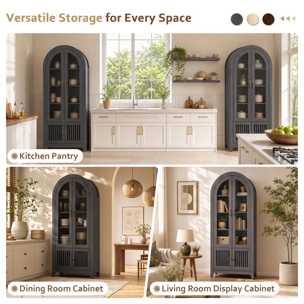 TCGBKAF Arched Kitchen Pantry Cabinet With Glass Door And Shelves