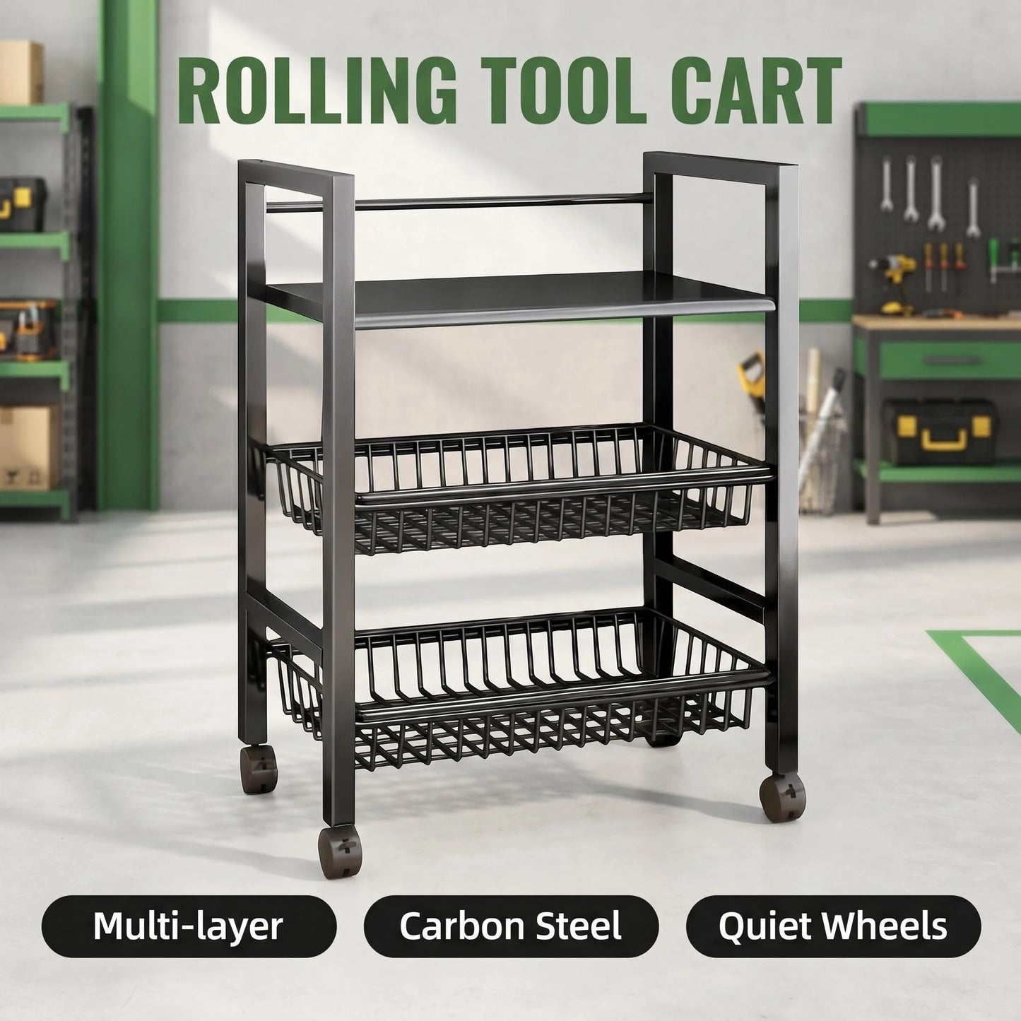 3-Tier Rolling Storage Cart with 2 Pull Out Mesh Baskets Carbon Steel Heavy Duty Utility Shelf for Garage Workshop Kitchen Easy Movement Fits Narrow Gaps