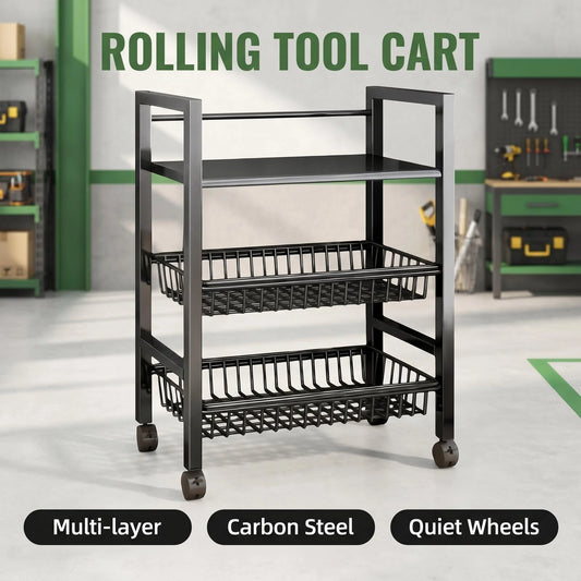 3-Tier Rolling Storage Cart with 2 Pull Out Mesh Baskets Carbon Steel Heavy Duty Utility Shelf for Garage Workshop Kitchen Easy Movement Fits Narrow Gaps