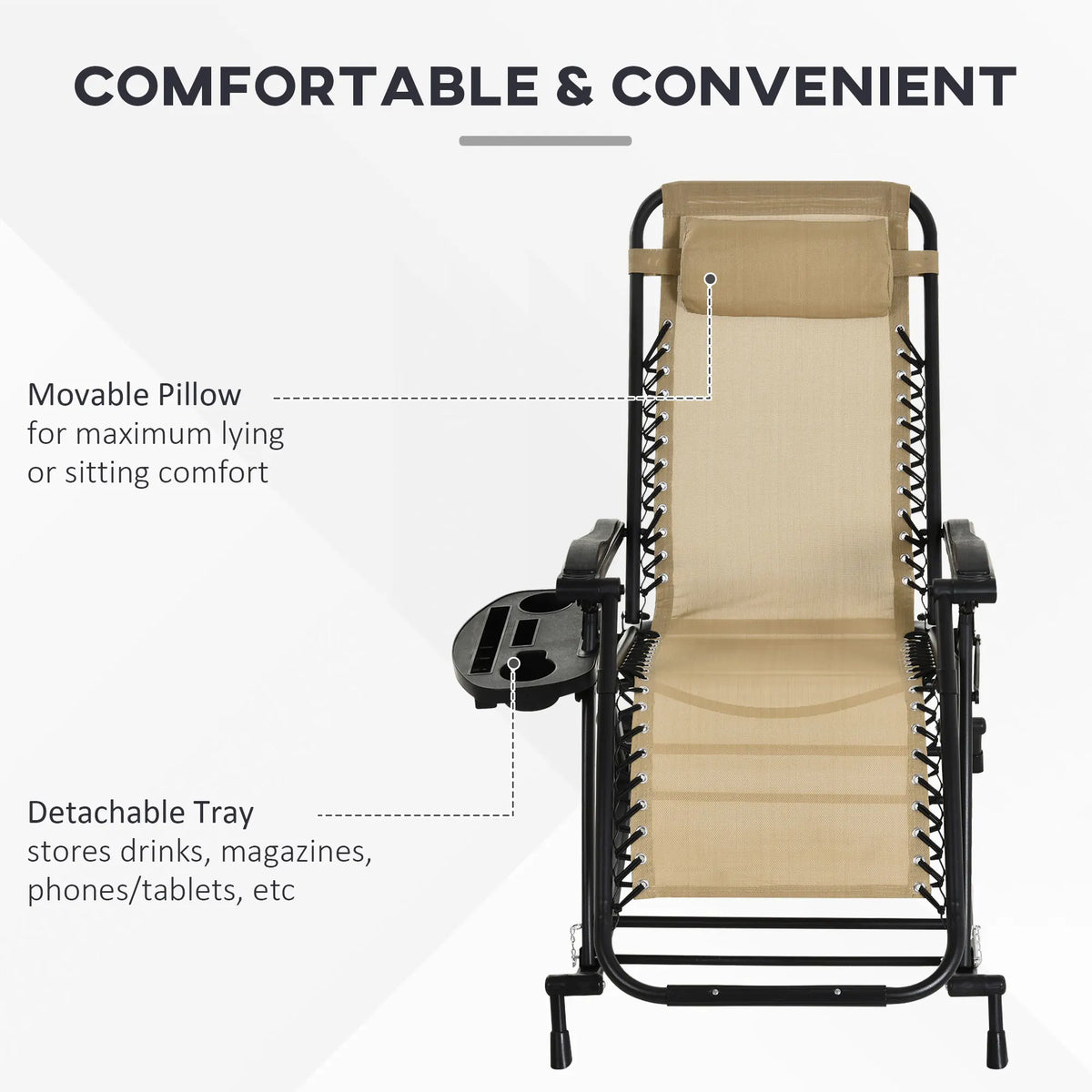 2 Pcs Folding Zero Gravity Reclining Rocking Chair, Pillow, Cup Holder, Beige