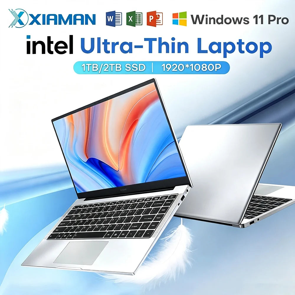 Xiaman 14.1" Ultra Slim Windows 11 Pro Laptop Computer Intel Atom A3950 12GB RAM 1TB 2TB SSD Notebook PC 1080P HD Office Study Laptops